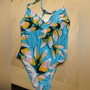 Kona Sol Teal and Yellow Floral One Piece Swimsuit